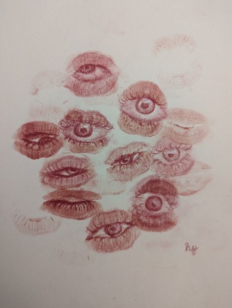 Lip Print Drawing, Eye Lips Drawing, Lip Eye Drawing, Surrealism Eye Drawing, Lips Sewn Shut Drawing, Lipstick Eyes Drawing, Lipstick Stain Drawing, Drawing With Lipstick, Eye Flower Drawing