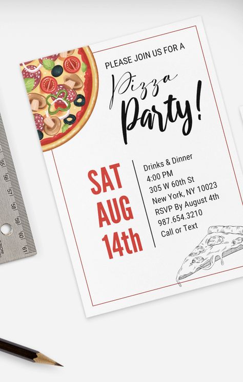 Pizza Party Invitation Digital Template Pizza Invitations, Pizza Birthday Party, Pizza Party Invitations, Army Crafts, Pizza Birthday, Party Pizza, Slice Of Pizza, Party Invite Design, Birthday Balloon Decorations