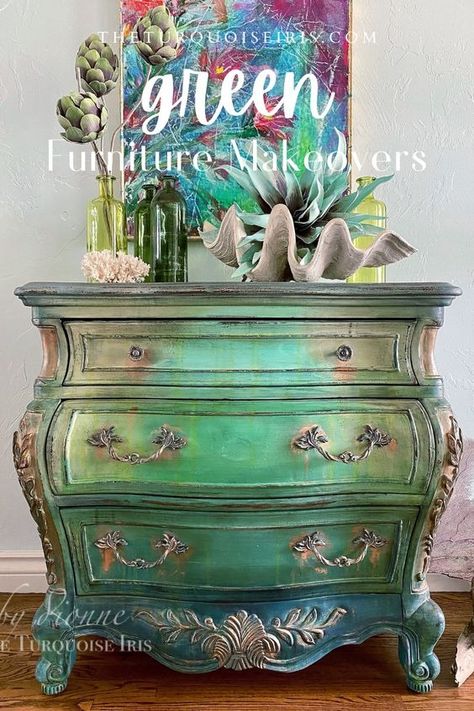 Green painted ombre bombe chest - by The Turquoise Iris Teal Painted Furniture, Yellow Dresser, Buffet Cabinets, Henredon Furniture, Green Painted Furniture, Bombay Chest, Beach Furniture, Deep Turquoise, Boho Furniture