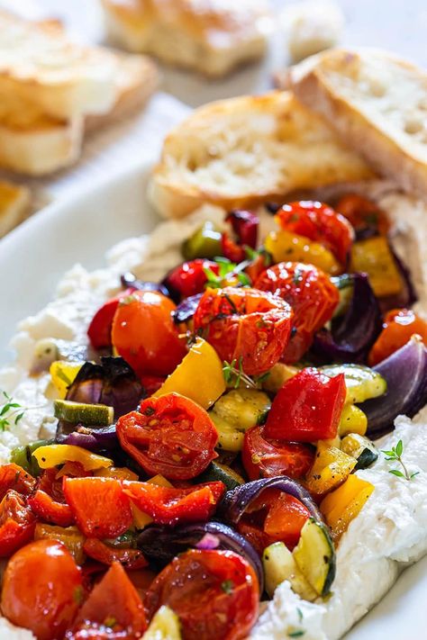 Summer Ricotta With Grilled Vegetables, Ricotta And Vegetables, Fruit And Ricotta, Roasted Vegetable Appetizer, Dip For Roasted Veggies, Roasted Vegetable Dip, Summer Sides Healthy, Vegetable Starters Appetizers, Roasted Veggie Appetizer