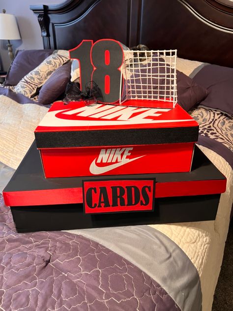 Nike Box Centerpieces, Shoe Box Centerpieces, Nike Shoe Box, High School Graduation Cards, Shoe Box Diy, Photo Centerpieces, Graduation Card Boxes, 80s Party Decorations, Red Centerpieces