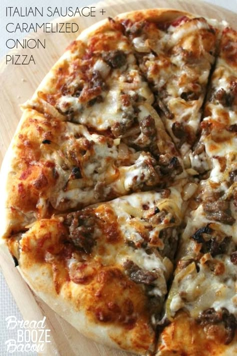 This Italian Sausage & Caramelized Onion Pizza is totally worth skipping take out for! I feel like I've been on the biggest pizza kick lately.  All I want to do is make 20 different kinds of pizza and snack of them all day.  I've decided I need a 'Pizza Week' in my life, I just don't know when I'll be debuting it on the blog.  What do you think kids?  Maybe August?! I completely adore caramelized onions, and Italian sausage sounded like the perfect pairing.  I plan... Pizza Dips, Caramelized Onion Pizza, Fancy Pizza, Bread Booze Bacon, Pizza Vegana, Onion Pizza, Pizza Stromboli, Calzone Pizza, Sausage Pizza