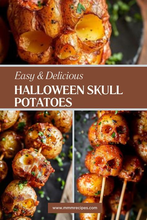 Give your Halloween dinner a creepy twist with these Halloween Skull Potatoes! Shaped like spooky skulls, these potatoes are both fun to make and delicious to eat. Ideal for a themed dinner or party, they’re sure to be a hit with kids and adults alike. Follow the recipe and get ready for some Halloween fun! 🎃💀 Skull Potatoes, Halloween Spread, Potato Calories, Spooky Dinner, Potatoes Crispy, Potato Juice, Seasoned Potatoes, Easy Halloween Food, Halloween Dinner