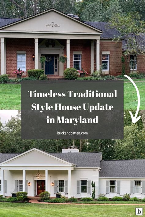 Update A Colonial Exterior, One Story Brick House Exterior, Traditional Southern Home Exterior, One Story Colonial House, Brick House With Columns, Traditional Brick House Exterior, Southern Colonial House Exterior, Colonial House Porch, Updating Traditional Home