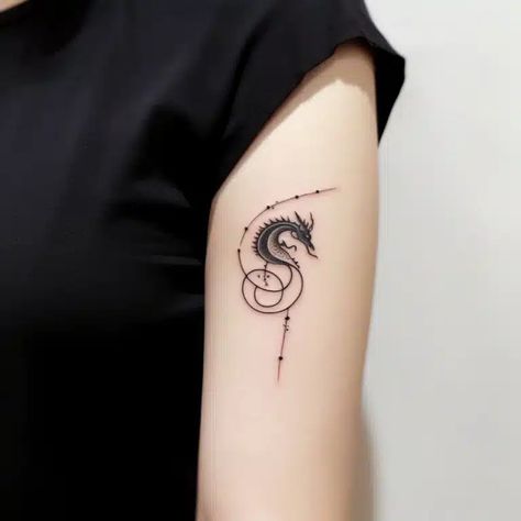 The Arm With Tiny Dragon Tattoo Single Line Dragon Tattoo, Dragon Tattoo Around Arm, Dragon Tattoo Neck, Tiny Dragon Tattoo, Baby Dragon Tattoos, Celtic Dragon Tattoos, Dragon Tattoo Meaning, Dragon Tattoo Ideas, Small Dragon Tattoos