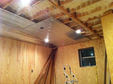 Anybody have corrugated tin on their interior ceilings? - TexasBowhunter.com Community Discussion Forums Diy Tin Ceiling Ideas, Diy Tin Ceiling, Tin Ceiling Ideas Rustic, Galvanized Tin Ceiling, Rustic Tin Ceilings, Corigated Metal, Corrugated Tin Ceiling, Garage Addition Ideas, Cheap Ceiling Ideas