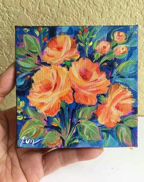 Painting Square Canvas, Canvas Painting Acrylic, Mini Tela, Mini Toile, Acrylic Flower Painting, Acrylic Painting Flowers, Small Canvas Paintings, Flower Painting Canvas, Acrylic Flower