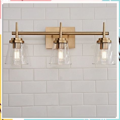 Looking to upgrade your space? Check out our stylish bathroom light fixtures to add a touch of elegance and brightness to your bathroom. From modern to traditional designs, find the perfect lighting solution for your space. Illuminate your bathroom in style with our selection of bathroom light fixtures. Primary Bathroom, Gold Fixtures, Shades Of Light, White Brick, Bad Design, Bathroom Light Fixtures, Bathroom Layout, Rustic Bathroom, Bathroom Faucet