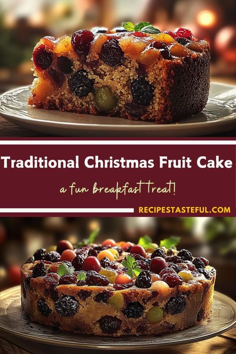 Traditional Christmas Fruit Cake is a rich, spiced dessert packed with dried fruits, nuts, and a splash of rum or brandy, then aged for a deeper flavor. A holiday classic that brings warmth and festive cheer to any celebration! #ChristmasFruitCake #HolidayBaking #FestiveDesserts Rum Fruit Cake, Vintage Christmas Recipes, British Food Traditional, Christmas Fruit Cake, Christmas Things To Do, Fruit Cake Christmas, Food Traditional, Festive Desserts, Xmas Cake