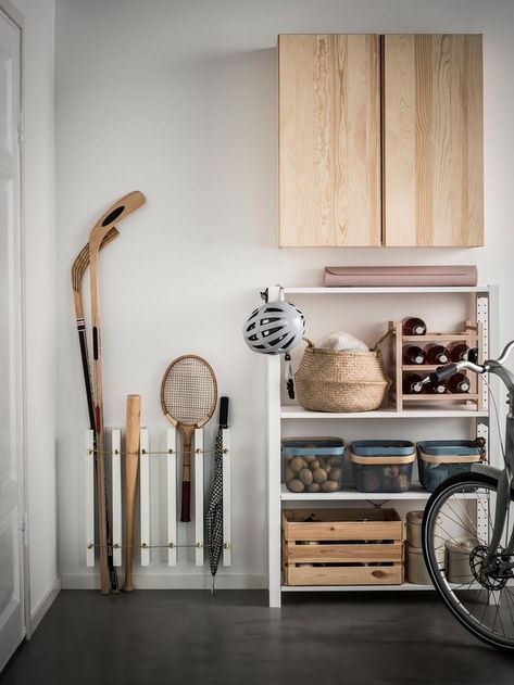 Ikea hack - use horizontal shallow book shelves vertically as a way to Store sport equipment. Ikea Mosslanda, Mosslanda Picture Ledge, Ikea Picture Ledge, Ikea Hack Storage, Ikea Spice Rack, Minimalist Nightstand, Floating Bedside Table, Hack Ikea, Hacks Ikea