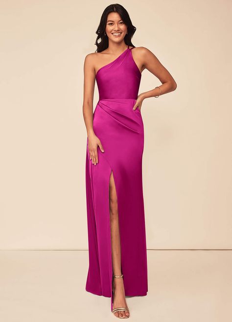 Fuchsia Azazie Maron Stretch Satin Dress Bridesmaid Dresses | Azazie Fuchsia Dress Outfit Wedding, Satin Dress Bridesmaid, Fuchsia Bridesmaid Dresses, Stretch Satin Dress, One Sleeve Dress, Shoulder Stretch, Azazie Bridesmaid Dresses, Long Bridesmaid Dress, Dress Bridesmaid