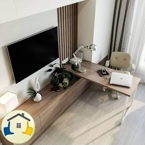 Entertainment Center Ideas With Desk, Tv Stand With Desk, Tv Room With Desk, Home Office And Tv Room, Tv Wall With Desk, Tv Over Desk, Tv Center Decor, Tv Desk Living Room, Work Space In Living Room