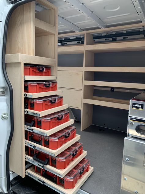 Sprinter Van Tool Storage Ideas, Electrician Van Organization, Plumbing Van Organization, Cargo Van Shelving Ideas, Van Tool Storage Ideas, Van Racking Ideas Carpenter, Van Tool Storage, Work Van Storage, Van Storage Ideas Tools