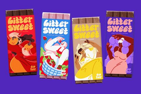 I'm a total sweet tooth, and I absolutely adore working on package design. So it hit me – why not create my very own chocolate brand? Introducing, Bitter Sweet! Because let's face it, life can be a bit bitter sometimes, so why not add a little sweetness t… Fruit Juice Brands, Chocolate Bar Design, Bar Packaging, Graphic Design Cv, Cookies Branding, Chocolate Logo, Chocolate Packaging Design, Tea Illustration, Juice Branding