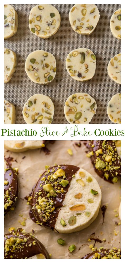 Honey Pistachio Ricotta Cookies, Pistachio Baked Goods, Sliced Cookies Recipes, Cookies Made With Crisco, Kringla Cookies, Easy Baked Goods, Pistachio Cookies Recipe, Chocolate Pistachio Cookies, Cookies Pistachio