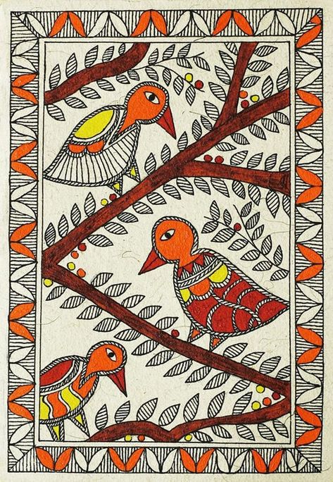 Diy Branches, Madhubani Designs, Madhubani Paintings Peacock, Cardinal Logo, Mithila Art, Lovely Paintings, Worli Painting, Drawing Birds, Warli Painting