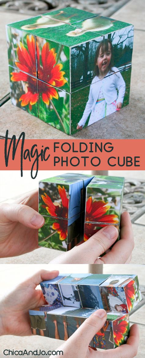 Create "magic" folding wooden photo cubes | Chica and Jo Diy Wooden Cube For Photos, Diy Magic Photo Cube, Folding Picture Cube, Diy Photo Cube Gift Idea, Wood Blocks Crafts Diy, Cube Picture Diy, Magic Photo Cube Diy, Block Picture Cube, Diy Picture Cube Photo Blocks