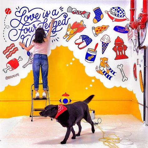 974 Likes, 37 Comments - Loe Lee (@byloelee) on Instagram: “#tbt to the mural at @thisisdogville dogville that began my summer 🐶 This project was fast-paced,…” Dog Photo Booth, Chicken Branding, Mural Cafe, Food Park, School Murals, Street Mural, Events Design, Murals Street Art, Mural Wall