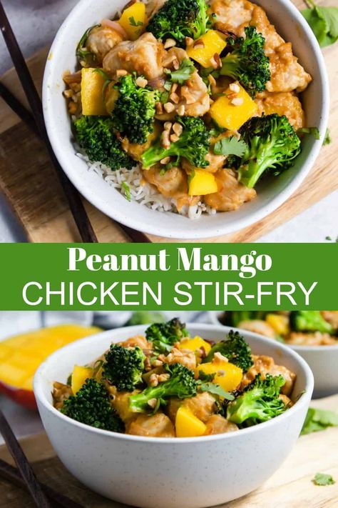 This Peanut Mango Chicken Stir Fry is a simple dinner that is far from the same old. This mango infused peanut sauce along with big chunks of mango, broccoli and will make everyone at the dinner table happy! A simple dinner recipe ready in under 30 minutes! #mango #stirfy #easydinner #dinnerrecipe #peanutsauce Mango Stir Fry, Gf Meals, Mango Chicken, Sheet Pan Dinners Chicken, Electric Skillet, Mango Recipes, Simple Dinner, Chicken Stir Fry, Skillet Meals