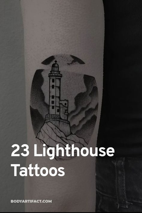 We've collected the best lighthouse tattoos to help inspire your next piece of ink. Lighthouse Tattoo Men Forearm, Christian Lighthouse Tattoo, Lighthouse Tattoo Simple, Lighthouse Tattoo Men, Simple Lighthouse Tattoo, The Lighthouse Tattoo, Lighthouse Tattoo For Women, Minimalist Lighthouse Tattoo, Small Lighthouse Tattoo