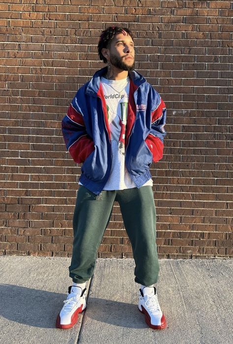 90s Jordan Outfit, Cherry 12s Outfit Men, Jordan 12 Cherry Outfit, Jordan 12 Outfit Men, Michael Jordan Street Style 90s, 90s Style Varsity Jacket For Winter Streetwear, 90s Winter Sports Outerwear, Red 90s Style Streetwear Outerwear, Jordan 12 Cherry