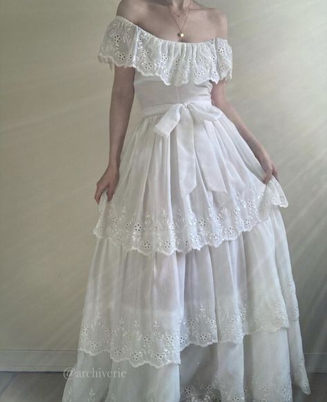 Vintage Online Shop, Cottage Core Outfit, Tiered Gown, Cottage Dress, Cottage Core Dress, White Eyelet Dress, Waist Sash, Eyelet Dress, White Eyelet