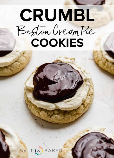 These Boston Cream Pie Cookies are a soft vanilla cookie base, topped with generous serving of vanilla pastry cream and a smooth chocolate ganache. They taste just like traditional Boston cream pie! Pastry Cream Recipe Easy, Cream Pie Cookies, Vanilla Pastry Cream, Crumble Cookie Recipe, Pie Ideas, Cookies Pumpkin, Pastry Cream Recipe, Cookie Base, Crumbl Cookies