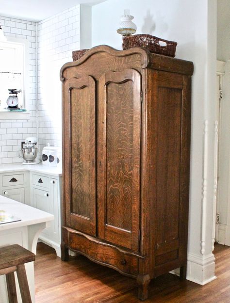 Seven Things I Love About Our Kitchen – The Catholic Table Armoire Pantry, Kitchen Armoire, Carrera Marble Countertops, Replacing Cabinets, Vintage Armoire, Larder Cupboard, Antique Wardrobe, Built In Pantry, Antique Armoire