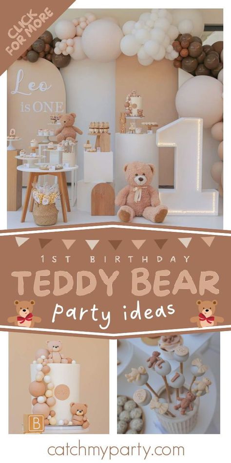 Take a look at this adorable teddy bear 1st birthday party! The cake pops are so cute! See more party ideas and share yours at CatchMyParty.com 1st Birthday Teddy Bear Picnic, 1st Bear Birthday Party, Bear Themed Birthday Cake, Teddy Themed Birthday Party, Beary First Birthday Cake, Teddy Bear 1st Birthday Boy, Teddy Bear Party Ideas, Bear First Birthday Cake, Birthday Bear Theme