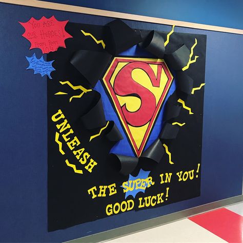 Unleash the Super in You! Superman Bulletin Board! ❤️ Hero Decorations, Testing Bulletin Boards, Hero Bulletin Board, Bulletin Board Printables, Superhero School Theme, Superhero Bulletin Boards, Superhero Teacher Appreciation, Superhero Classroom Decorations, Reading Bulletin Board