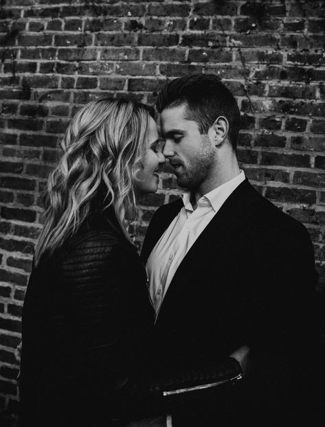 Seattle engagement shoot brick wall Brick Wall Engagement Pictures, Creative Couples Photography, Aesthetic 2023, Brick Background, Engagement Inspo, City Engagement, Posing Guide, Engagement Shoot, Shoot Ideas