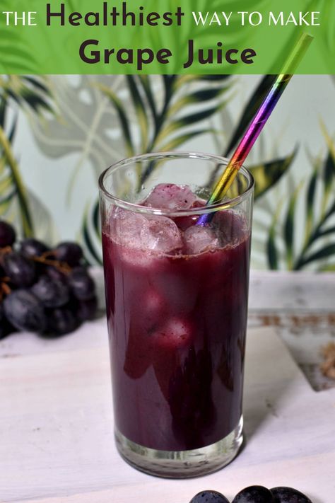 grape juice in a cup with ice cubes and a paper straw. Grape Juicing Recipe, How To Make Grape Juice From Grapes, Grapes Juice Recipe, Grape Juice Recipe Juicer, How To Make Concord Grape Juice, How To Make Homemade Grape Juice, Ways To Use Grape Juice, Easy Grape Juice Recipe, How To Can Homemade Grape Juice