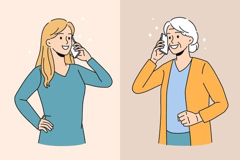 People Using Phone Illustration, Phone Call Illustration, Millennial Grey, Talk On The Phone, Eye Illustration, Elderly Couples, People Having Fun, Talking On The Phone, Flat Vector Illustration