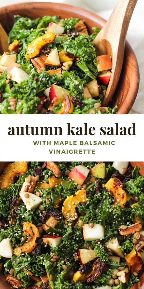 A super delicious salad with super healthy ingredients! This Autumn Kale Salad features fall flavours from kale, apples, and roasted squash paired with an easy maple balsamic dressing. Serve it as a side dish or meal prep it for lunches! Vegan and gluten-free. #salad #autumnsalad #fallsalad #kalesalad #maplebalsamic #healthysalad #healthylunch #fallrecipe Healthy Winter Recipes, Maple Balsamic Vinaigrette, Flower Salad, Autumn Salad Recipes, Maple Balsamic, Fall Recipes Healthy, Salad Pasta, Fall Cooking, Autumn Salad