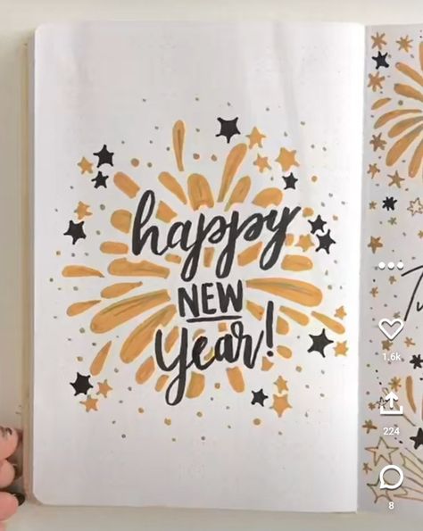 Happy New Year 2025 Journal, Happy New Year Journal Ideas, New Year Spread Bullet Journal, New Years Doodles Bullet Journal, Bullet Journal New Year Resolution, Bullet Journal New Year Page, New Years Bullet Journal, 2025 Bullet Journal Cover, Bullet Journal Year Cover