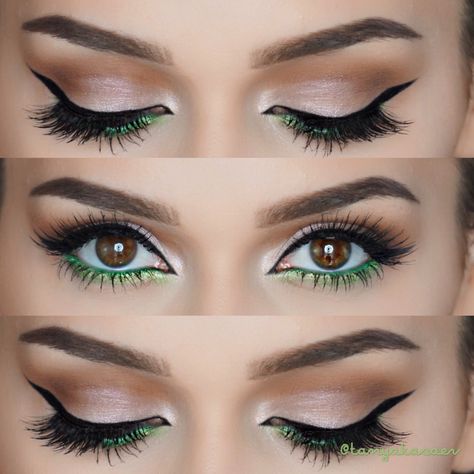 Green Makeup Looks For Blue Eyes, Green Accent Eye Makeup, Brown Eyeshadow With Green Under Eye, Green And Silver Eyeshadow Looks, Dark Green Eye Makeup Natural, Emerald Makeup Look Brown Eyes, Green Natural Makeup Look, Eyeshadow To Match Green Dress, Green And Gold Makeup Looks Simple