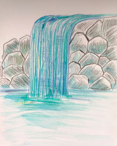 Waterfall retro style in colored pencil, crayon, and oil pastel. #waterfall #art #artist Waterfall Sketch Pencil, Waterfall Drawing Easy, Waterfalls Drawing, Waterfall Sketch, Waterfall Drawing, Waterfall Art, Crayon Drawings, Pencil Crayon, Water Art