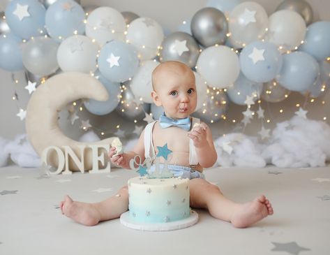 South Jersey Cake Smash photographer, K Artocin Photography, boy theme, blue and gray, balloon garland, over the moon Smash Cake First Birthday, Jersey Cake, Cake Smash Inspiration, Cake Photoshoot, Cake Smash Theme, Boys First Birthday Party Ideas, Baby Cake Smash, Baby Boy 1st Birthday Party, Smash Cake Boy