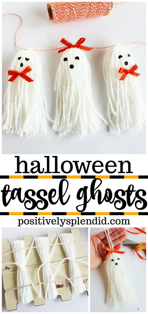 Tassel Ghosts--Easy and Adorable Halloween Craft Idea! Yarn Ghosts, Halloween Ribbon Wreath, Halloween Craft Idea, Halloween Embellishments, Character Crochet, Easy Halloween Craft, Halloween Basket, How To Make Tassels, Diy Halloween Wreath