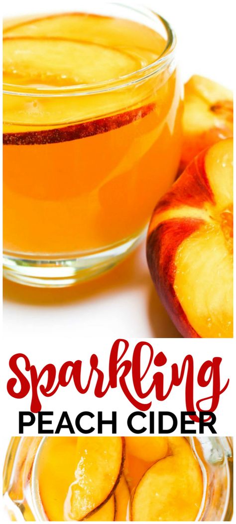 This Sparkling Peach Cider is a gorgeous summer drink to toast to late summer nights, days at the pool, and time spent with family & friend. Peach Cider Recipe, Sparkling Cider Drinks, Rhubarb Punch, Peach Cider, Non Alcoholic Mimosa, Late Summer Nights, Strawberry Limeade, Cider Drinks, Pear Cider