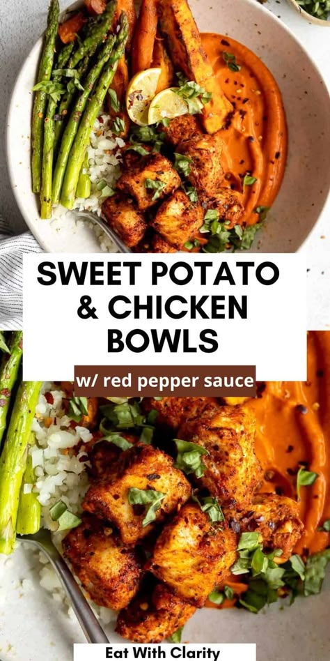 These sweet potato chicken bowls are easy to make, perfect for meal prep and paleo friendly. These meal prep chicken bowls are high protein and featured a simple roasted red pepper sauce. This meal prep chicken is a family favorite gluten free dinner recipe! Fall Sweet Potato Recipes Dinner, Buddha Bowls Recipe Chicken, Sweet Potato And Chicken Meal Prep, Chicken Bowls With Sweet Potatoes, Sweet Potato Healthy Dinner, Healthy Sweet Potato Bowl Recipes, Chicken Thigh And Sweet Potato, Chicken Sweet Potato Rice Bowl, High Protein Meal Prep Sweet Potato