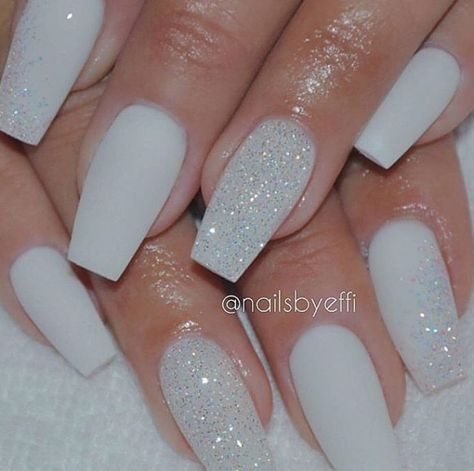 White glitter Nails | Nail designs, Matte nails, Pretty nails #nailartideas #nailart White Sparkle Nails, Mermaid Effect, Nails With Glitter, White Glitter Nails, Winter Nails Acrylic, Nails Homecoming, Homecoming Nails Acrylic, White Acrylic Nails, Nails Square