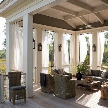 Outdoor Curtains, Transitional, deck/patio, Wayne Windham Architect Outdoor Drapes, Outdoor Lighting Ideas, Building A Porch, Patio Curtains, Covered Deck, Outdoor Deck Furniture, Outdoor Wicker Furniture, Deck Patio, House With Porch