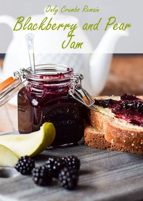 This Blackberry & Pear Jam uses nature's free bounty to make a tasty preserve for just a few pence. Not only is homemade jam easy to make and can be used in lots of ways, this blackberry jam recipe uses 25% less sugar than most! #jam #onlycrumbsremain #blackberries Apple Jam Recipe, Jam Preserves, Fruit Jam Recipes, Frozen Fruit Recipes, Blackberry Jam Recipes, Jam Making, Pear Jam, Jam Tarts, Apple Jam