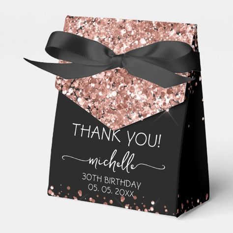 Elegant Modern Girly Rose Gold Glitter Monogram Name Personalized 30th (or any age) birthday Thank You Favor Box. This design featuring your first name in a pretty hand lettered style swash tail font signature typography (or calligraphy) above faux rose gold glitter on black background. Great for handing out, gifts, guest gifts and treats during an upcoming birthday party, sweet 16 birthday, baby shower, BBQ, bridal shower, wedding reception, bachelorette party, anniversary and more. #affiliate Rose Gold And Black Decorations Birthday, Black Silver And Rose Gold Party, Rose Gold And Black Party Theme Ideas, Rose Gold And Black Birthday Party, Rose Gold Themed Birthday Party Ideas, Black And Rose Gold Party Decorations, Rose Gold And Black Wedding Theme, Rose Gold And Black Party Theme, Rose Gold Birthday Theme