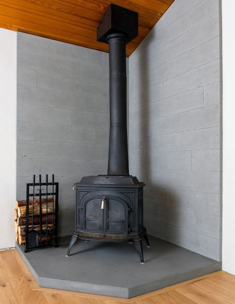 Concrete Hearth, Wood Burning Stove Corner, Concrete Fireplace Surround, Corner Wood Stove, Wood Stove Surround, Hearth Pad, Corner Stove, Stove Decor, Wood Stove Hearth