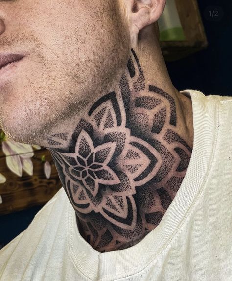 Neck Pattern Tattoo Men, Nape Tattoo Mandala, Neck Geometric Tattoo Men, Lotus Flower Neck Tattoo Men, Neck Tattoo Drawings Design, Neck Mandala Tattoo Men, Tattoos Neck Mens, Mens Throat Tattoo Designs, Sacred Geometry Neck Tattoo