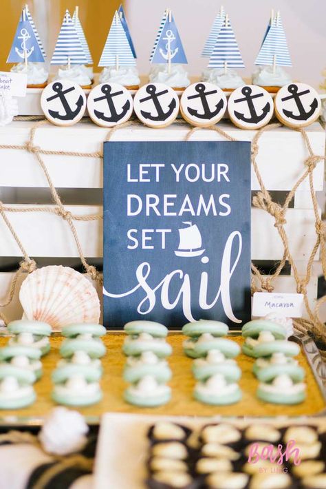 100th Day Nautical Birthday Party | CatchMyParty.com Nautical Birthday Party Decorations, Cruise Theme Parties, Sailing Party, Sailor Party, Bon Voyage Party, Nautical Birthday Party, Cruise Party, Nautical Themed Party, Nautical Birthday