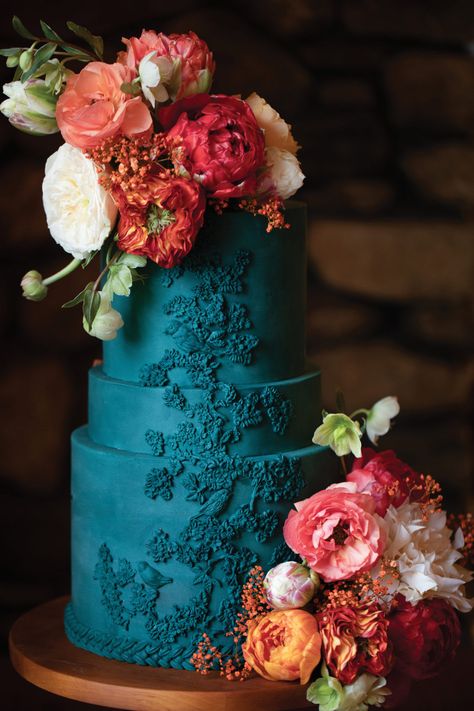 Dark Teal Wedding Cake, Blue Green Wedding Cake, Teal Wedding Cakes, Passionfruit Buttercream, Teal Wedding Cake, Teal Cake, Teal Blue Weddings, Orange Wedding Cake, Wedding Cake With Flowers