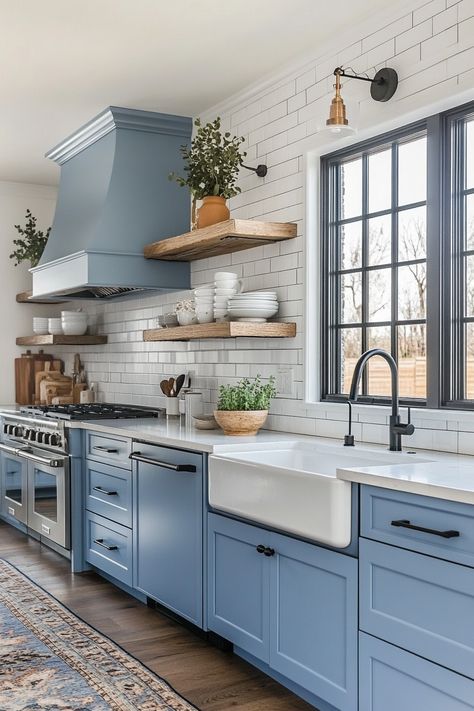 Discover the latest kitchen design trends with this elegant blue cabinetry and rustic wooden shelving. Perfectly combines modern and farmhouse styles with sleek appliances and a cozy vibe. Ideal for anyone looking to revamp their kitchen #LatestKitchenDesign #BlueDecor #FarmhouseStyle Blue Painted Kitchen Cabinets, Blue Farmhouse Kitchen, Diningroom Ideas, Blue Cabinetry, Blue Kitchen Designs, Turquoise Kitchen Decor, Wooden Shelving, Farmhouse Kitchen Inspiration, Light Blue Kitchens